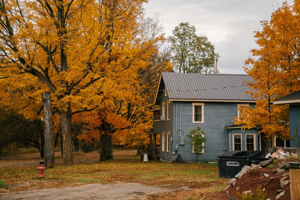 Cottage with triangular roof surrounded by tall trees with vibrant yellow leaves in autumn